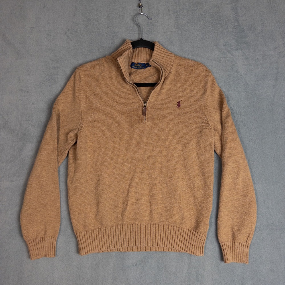 Polo Ralph Lauren Quarter Zip Sweater Mens S Tan Excellent Cotton Mock Neck Logo